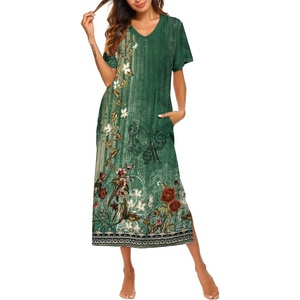 Ekouaer Long Nightgowns for Women Short Sleeve Night Gown with Pockets(Green Floral)