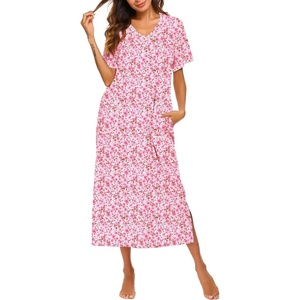 Ekouaer Long Nightgowns for Women Short Sleeve Night Gown with Pockets(Pink Floral)