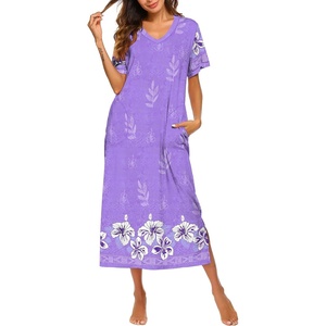 Ekouaer Long Nightgowns for Women Short Sleeve Night Gown with Pockets(Purple White Floral)
