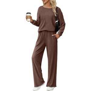 Ekouaer Lounge Sets for Women Ribbed Knit Long Sleeve 2 Piece Pajama Sets(Brown)