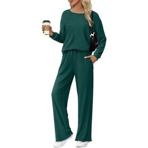 Ekouaer Lounge Sets for Women Ribbed Knit Long Sleeve 2 Piece Pajama Sets(Dark Green)