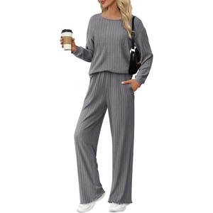 Ekouaer Lounge Sets for Women Ribbed Knit Long Sleeve 2 Piece Pajama Sets(Grey)