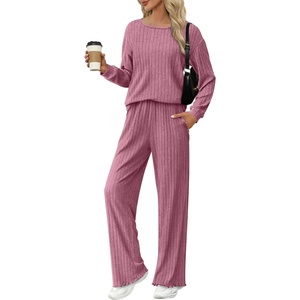 Ekouaer Lounge Sets for Women Ribbed Knit Long Sleeve 2 Piece Pajama Sets(Purple Red)