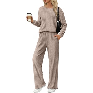 Ekouaer Lounge Sets for Women Ribbed Knit Long Sleeve 2 Piece Pajama Sets(Tea Grey)
