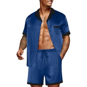 Ekouaer Men Silk Pajamas Set 2 Pieces Satin Pj Button Down Loungewear Sets(Navy Blue)