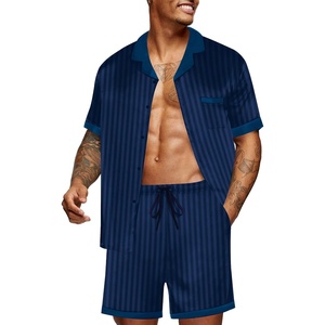 Ekouaer Men Silk Pajamas Set 2 Pieces Satin Pj Button Down Loungewear Sets(Navy Striped)