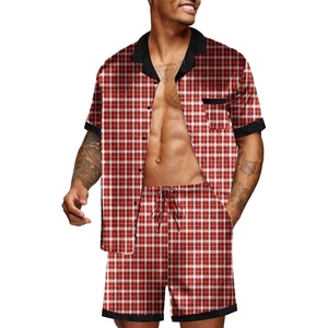 Ekouaer Men Silk Pajamas Set 2 Pieces Satin Pj Button Down Loungewear Sets(Red Plaid)