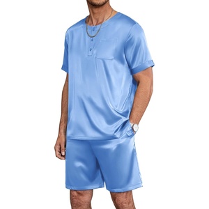 Ekouaer Mens Pajamas Set 2 Piece Silk Pjs Sets Button Down Loungewear(Blue)