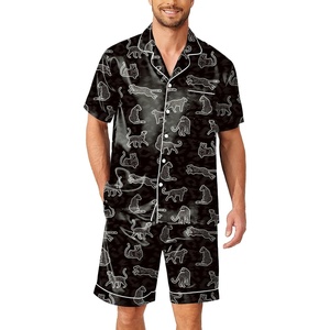 Ekouaer Mens Pajamas Set Silk Satin Pjs Short Sleeve Button Up Lounge Sets(Black Leopard)