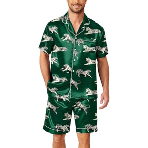 Ekouaer Mens Pajamas Set Silk Satin Pjs Short Sleeve Button Up Lounge Sets(Green Leopard)
