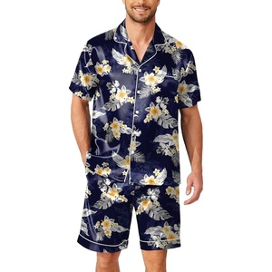 Ekouaer Mens Pajamas Set Silk Satin Pjs Short Sleeve Button Up Lounge Sets(Hawaiian Flowers)