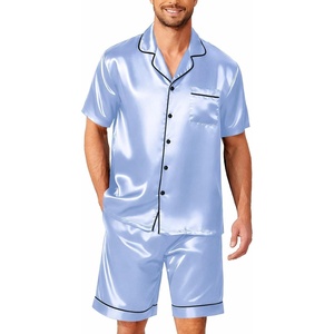 Ekouaer Mens Pajamas Set Silk Satin Pjs Short Sleeve Button Up Lounge Sets(Light Blue)