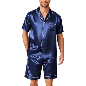 Ekouaer Mens Pajamas Set Silk Satin Pjs Short Sleeve Button Up Lounge Sets(Navy)