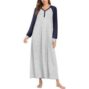Ekouaer Nightgown for Women Long Sleeve Sleepshirt Full Length Nightshirt(A-navy Blue)