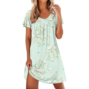 Ekouaer Nightgowns for Women Short Sleeve House Dress Pleated Night Gown(Light Green Floral)