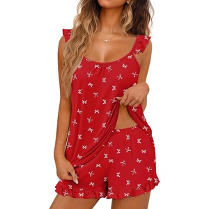 Ekouaer Pajama for Women Set 2 Piece Ruffle Cami Top and Shorts Pjs(Red Bow)