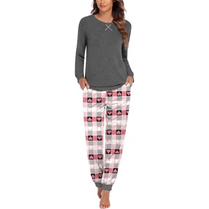 Ekouaer Pajamas for Women Comfy Long Sleeve Jogger Set Lounge Pjs Set(Grey Pink Heart Plaid)