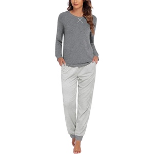 Ekouaer Pajamas for Women Comfy Long Sleeve Jogger Set Lounge Pjs Set(Light Grey Stripes)