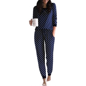 Ekouaer Pajamas for Women Comfy Long Sleeve Jogger Set Lounge Pjs Set(Polka Dots_navy Blue)