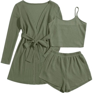 Ekouaer Pajamas for Women Set 3 Piece Soft Waffle Knit Loungewear Outfit(Army Green)