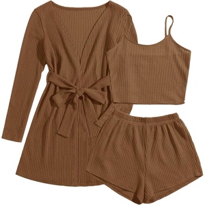 Ekouaer Pajamas for Women Set 3 Piece Soft Waffle Knit Loungewear Outfit(Brown)