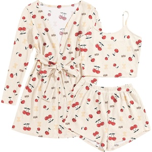 Ekouaer Pajamas for Women Set 3 Piece Soft Waffle Knit Loungewear Outfit(Cherry Teddy Bear)
