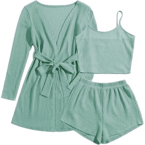 Ekouaer Pajamas for Women Set 3 Piece Soft Waffle Knit Loungewear Outfit(Grey Green)