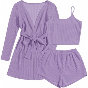 Ekouaer Pajamas for Women Set 3 Piece Soft Waffle Knit Loungewear Outfit(Light Purple)