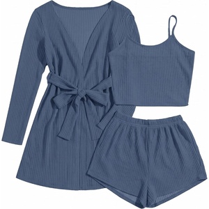 Ekouaer Pajamas for Women Set 3 Piece Soft Waffle Knit Loungewear Outfit(Navy)