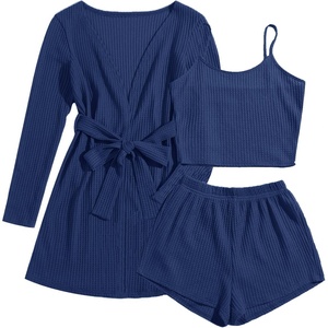 Ekouaer Pajamas for Women Set 3 Piece Soft Waffle Knit Loungewear Outfit(Navy Blue)