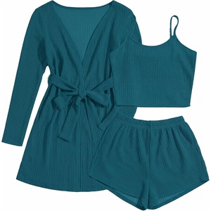 Ekouaer Pajamas for Women Set 3 Piece Soft Waffle Knit Loungewear Outfit(Peacock Blue)