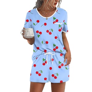 Ekouaer Pajamas for Womens Set 2 Piece Soft Sleepwear, Chest Pocket(Blue-cherry)