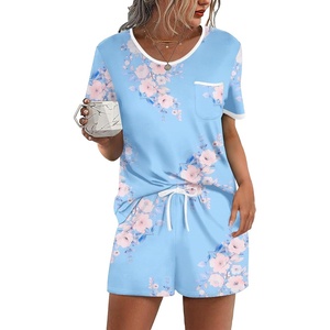 Ekouaer Pajamas for Womens Set 2 Piece Soft Sleepwear, Chest Pocket(Light Blue Flower)