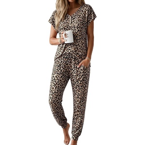 Ekouaer Viscose from Bamboo Women’s Pajama Sets Super Soft Short Sleeve Button Top and Pants Pj Sleepwear Sets S-XXL(Brown Leopard)