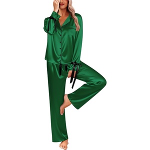Ekouaer Women Classic Button Down Long Satin Pajamas Set Cute Bow Sleepwear(Bright Green)