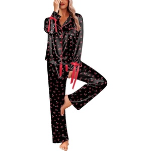Ekouaer Women Classic Button Down Long Satin Pajamas Set Cute Bow Sleepwear(Cherry)