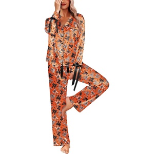 Ekouaer Women Classic Button Down Long Satin Pajamas Set Cute Bow Sleepwear(Halloween Bows)