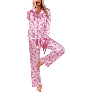 Ekouaer Women Classic Button Down Long Satin Pajamas Set Cute Bow Sleepwear(Pink Bows)