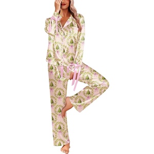 Ekouaer Women Classic Button Down Long Satin Pajamas Set Cute Bow Sleepwear(Santa Tree)