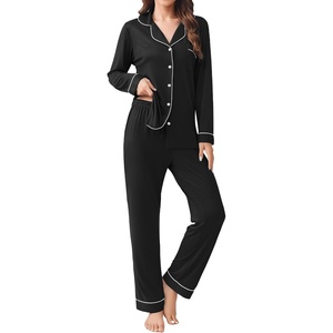 Ekouaer Womens Pajamas Set Button Down Long Sleeve Top & Pants Lounge Sets(A_black)