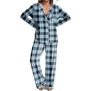 Ekouaer Womens Pajamas Set Button Down Long Sleeve Top & Pants Lounge Sets(B_blue Plaid)