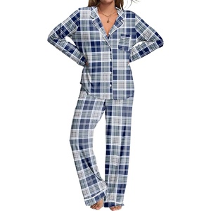 Ekouaer Womens Pajamas Set Button Down Long Sleeve Top & Pants Lounge Sets(B_deep Blue Plaid)
