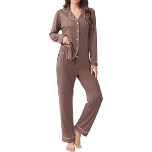 Ekouaer Womens Pajamas Set Button Down Long Sleeve Top & Pants Lounge Sets(Brown)