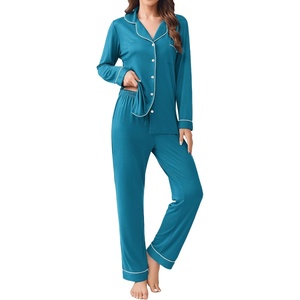 Ekouaer Womens Pajamas Set Button Down Long Sleeve Top & Pants Lounge Sets(Deep Lake Blue)