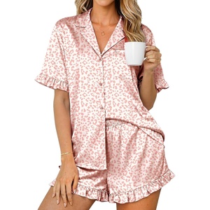 Ekouaer Womens Satin Pajamas Set Button Up Silk Pjs Short Sleeve Shorts Set(Coffee Pink Leopard)