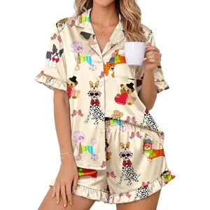 Ekouaer Womens Satin Pajamas Set Button Up Silk Pjs Short Sleeve Shorts Set(Colored Puppy)