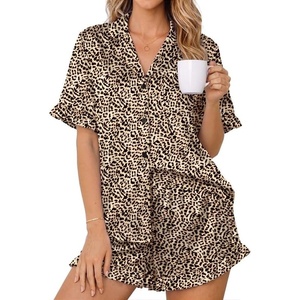 Ekouaer Womens Satin Pajamas Set Button Up Silk Pjs Short Sleeve Shorts Set(Leopard)