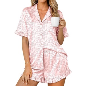 Ekouaer Womens Satin Pajamas Set Button Up Silk Pjs Short Sleeve Shorts Set(Light Pink Leopard)