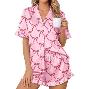 Ekouaer Womens Satin Pajamas Set Button Up Silk Pjs Short Sleeve Shorts Set(Pink Bow)