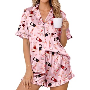 Ekouaer Womens Satin Pajamas Set Button Up Silk Pjs Short Sleeve Shorts Set(Pink Champagne Bottle)